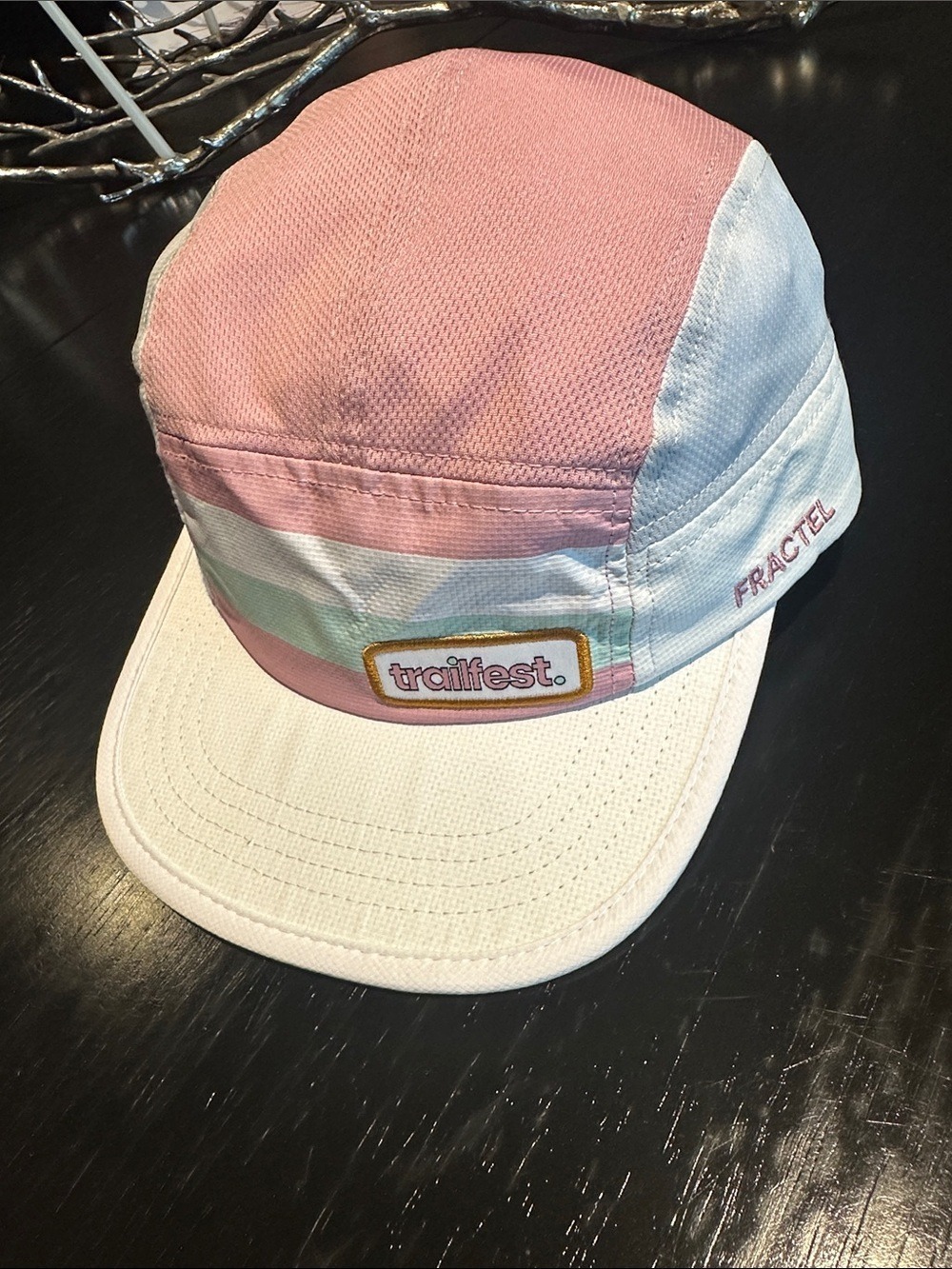Fractel "trailfest." 5-panel running cap featuring white/ pink/ blue womens